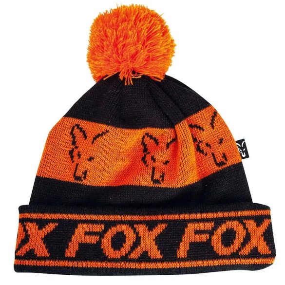 Fox collection fleece lined bobble - black & orange téli sapka